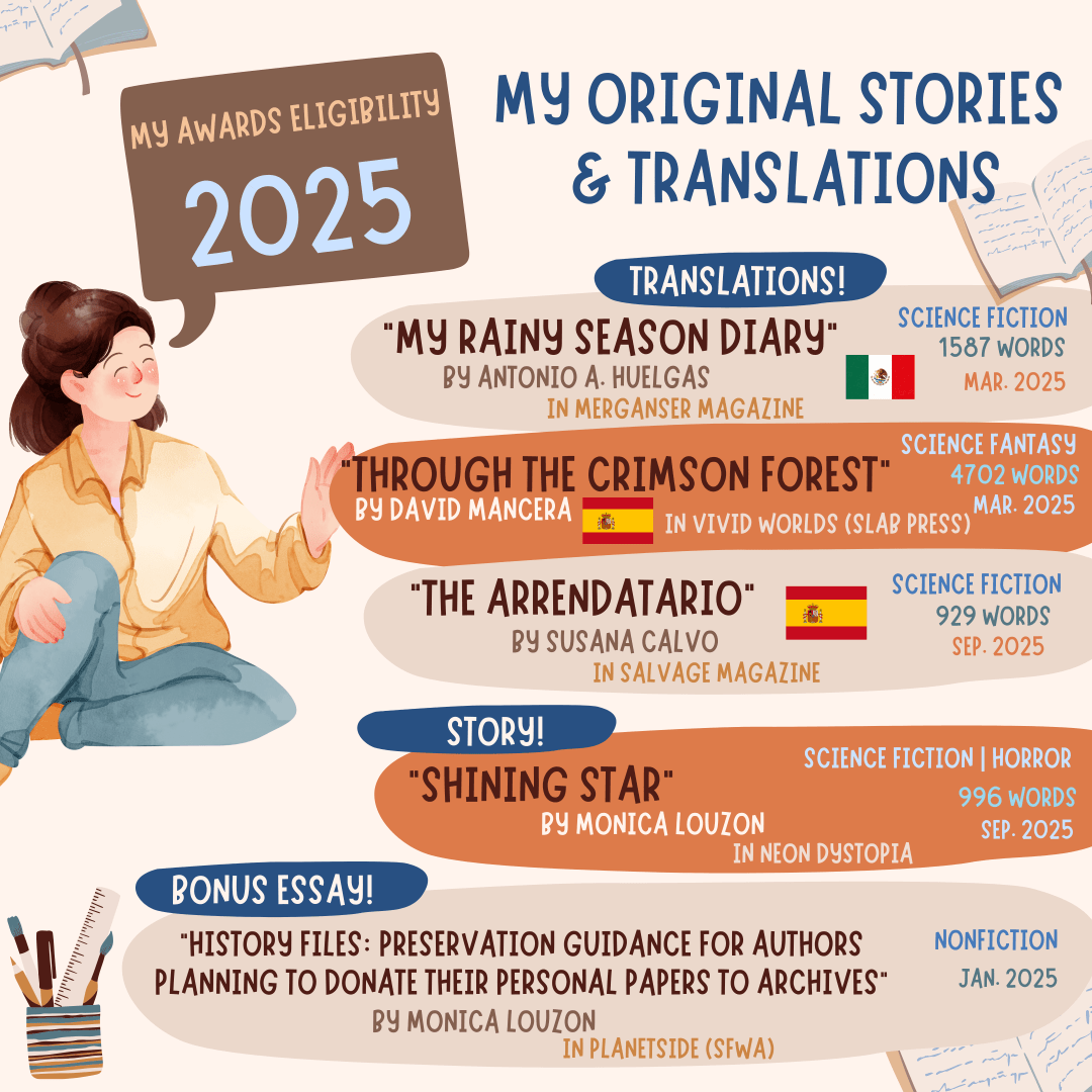 Picture of a brown-haired woman in a cream button-down shirt and jeans sitting next to a list of my original stories and translations eligible for 2025 awards consideration. The translations are: 1) "My Rainy Season Diary" by Mexican author Antonio A. Huelgas, published in Mar. 2025 in Merganser Magazine, 2) "Through the Crimson Forest" by Spanish author David Mancera, published in Mar. 2025 in the anthology Vivid Worlds from Slab Press, and 3) "The Arrendatario" by Spanish author Susana Calvo, published in Sep. 2025 in Salvage Magazine. My original story "Shining Star" was published in Neon Dystopia in Sep. 2025, and SFWA published my essay "HISTORY FILES: Preservation Guidance for Authors Planning to Donate Their Personal Papers to Archives" in Jan. 2025. There are clip-art flags representing each translated author's nationality, a clip art of a cup of art supplies in the bottom left corner of the image, and three semi-transparent clipart images of open books with ribbons scattered across the picture and list.